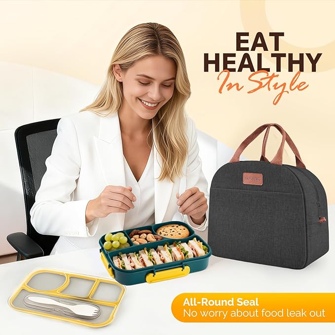 EASYFUN Bento Lunch Box Set Bento Box, 4-Compartment Lunch Containers,High Capacity Lunch Tote Bags for Work, Travel, Outdoor (Dark blue)