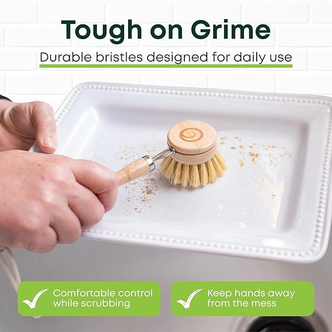 Tieralia Bamboo Dish Brush Set 5 Piece – Eco Friendly Kitchen Cleaning Kit with Bottle Brush, Long Dish Brush, Palm Scrubber & 2 Plant-Based Sponges | Plastic-Free Natural Dish Scrubber