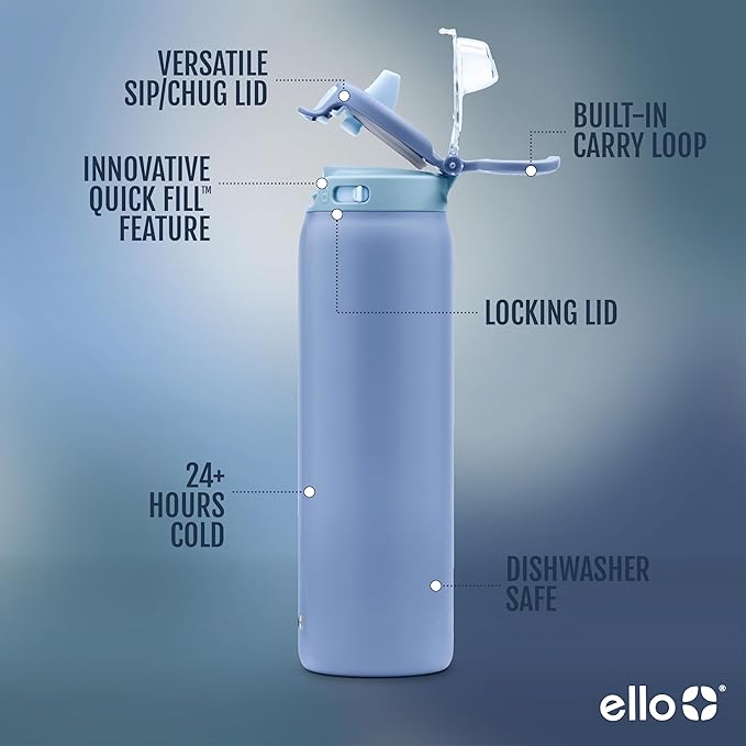 Ello Pop & Fill 32oz Stainless Steel Water Bottle with Quick Fill Technology, Double Walled and Vacuum Insulated Metal, Leak Proof Locking Lid, Sip and Chug, Reusable, BPA Free, Raincloud