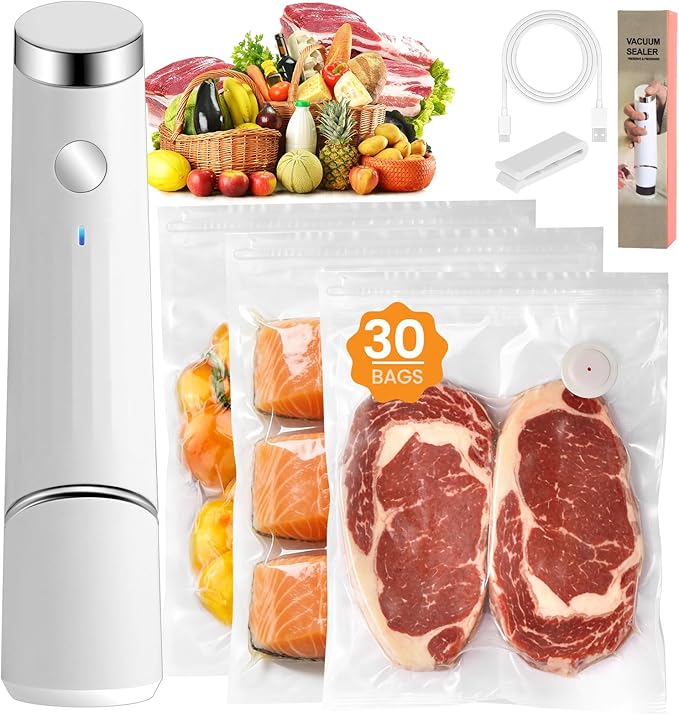 Compact Vacuum Sealer for Food (Portable Vacuum Sealer Machine+30 Reusable Bags) Compact Handheld Food Saver for Meat, Camping & RV Travel,Seal Food 6X Fresh Longer, Portable & Wireless, Easy-Clean