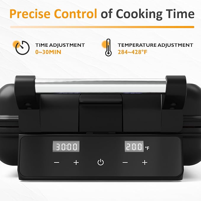 Sunvivi Waffle Maker 4 Slices with Quick Heat-Up, Time & Temperature Control, LCD Display, Nonstick Surface, Stainless Steel, Perfect Waffle Iron for Kids and Families, Black