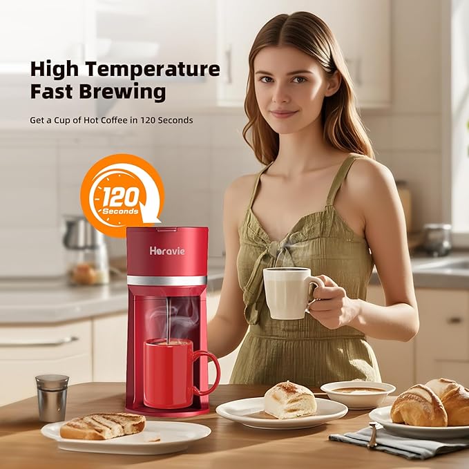 Horavie Mini Single Serve Coffee Maker for K Cup and Ground Coffee, Fast Brew One Cup Coffee Machine with Descaling Reminder and Water Window, 6 to 12 oz. Brew Sizes, Red