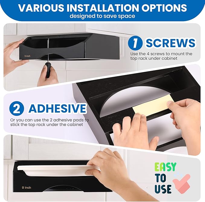 9-inch Paper Plate Dispenser Under Cabinet, Bamboo Paper Plate Holders, Kitchen Counter Vertical Plate Dispensers Holders Countertop Caddy(For 9-inch Plates, Black)