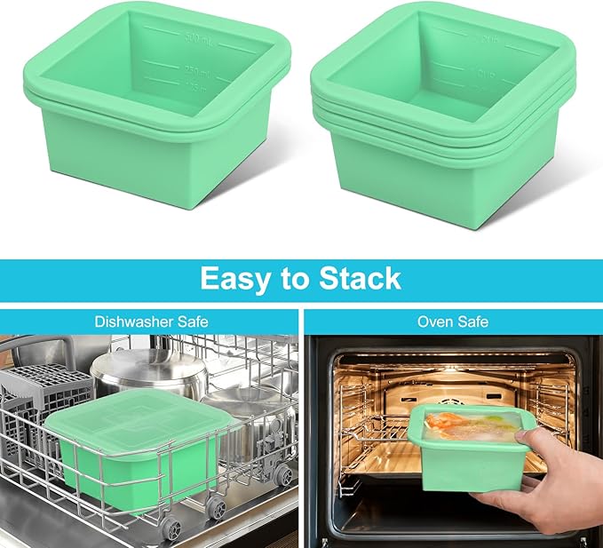 Silicone Freezer Tray with Lid 2 Pack Silicone Freezer Molds Ice Cube Tray Makes 2 Perfect 2 Cup Portions Soup Cubes Meal Prep Containers- Oven & Dishwasher Safe