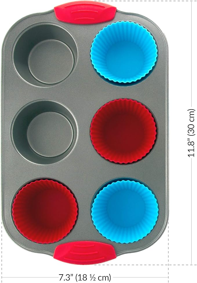 Baking Duo: Non-Stick Steel Jumbo 6 Cup Muffin Pan with Silicone Handles & Reusable Liners and 8x8 Inch Silicone Square Cake & Brownie Pan with Steel Frame Handles.
