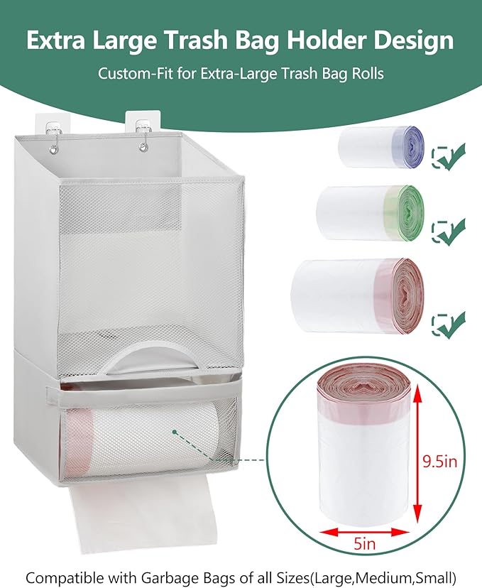 Bag Saver - Extra Large 2 in 1 Plastic Bag Holder Storage, Durable Mesh Grocery Hanging Trash Dispenser Roll Organizer for Home Kitchen/Bathroom/Laundry, Multi-purpose for Daily (Light Grey)