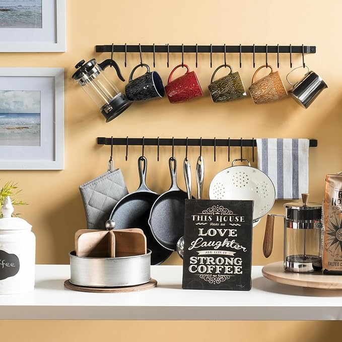Wallniture Casto 30" Gourmet Kitchen Rail with 15 S Hooks for Hanging Kitchen Utensils Set and Cookware, Iron, Frosty Black