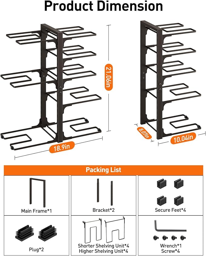 ORDORA Pots and Pans Organizer under Cabinet, 20.8" Height Heavy Duty 120LBS Pots Pans Organizer Rack for Cabinet 8-Tier Adjustable for Big Stockpots, Dutch Oven, Cast-iron Pan, Heavy Cookware, Bronze