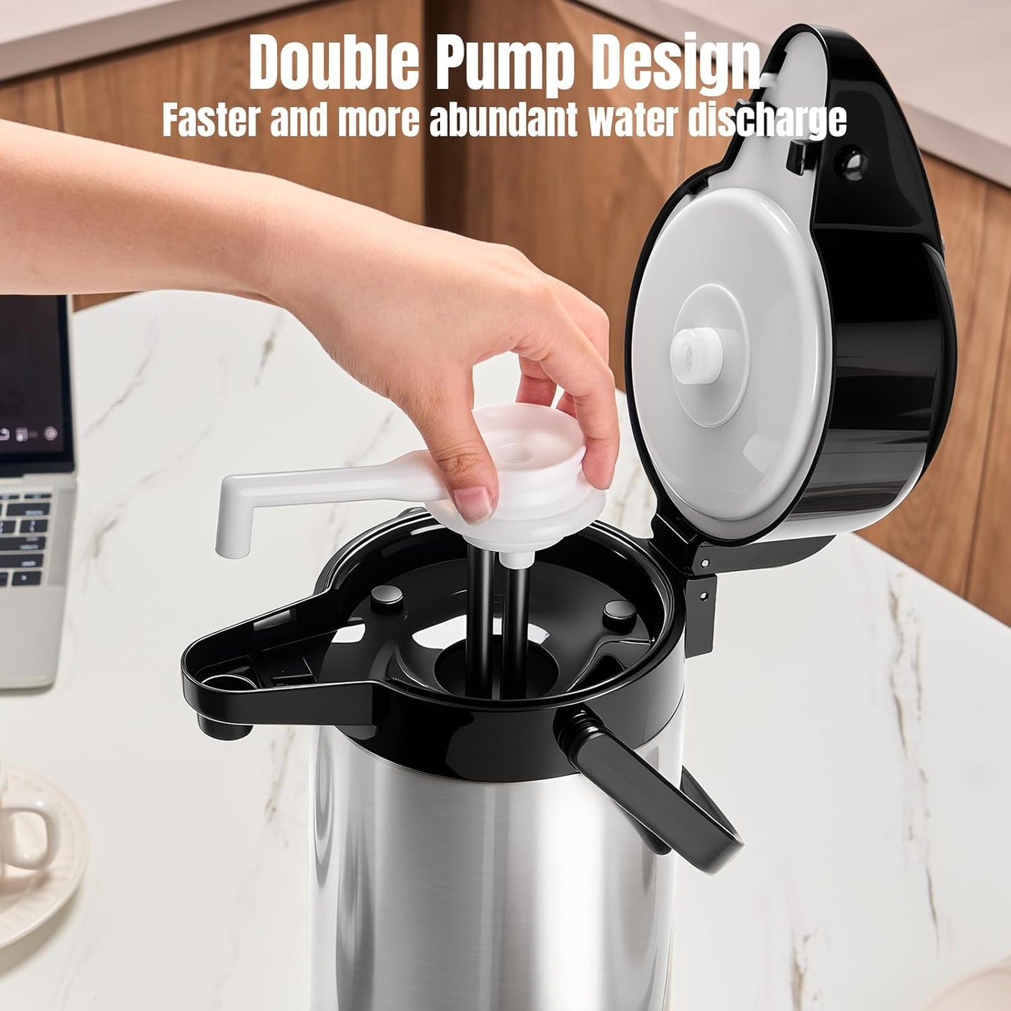 PARACITY Upgraded Airpot Coffee Water Bottle with Double Pump 84oz/2.5L Stainless Steel Drink Dispenser for Hot/Cold Drinks, Lazy Susan Base, Termos Para Coffee for Party Hot Cocoa