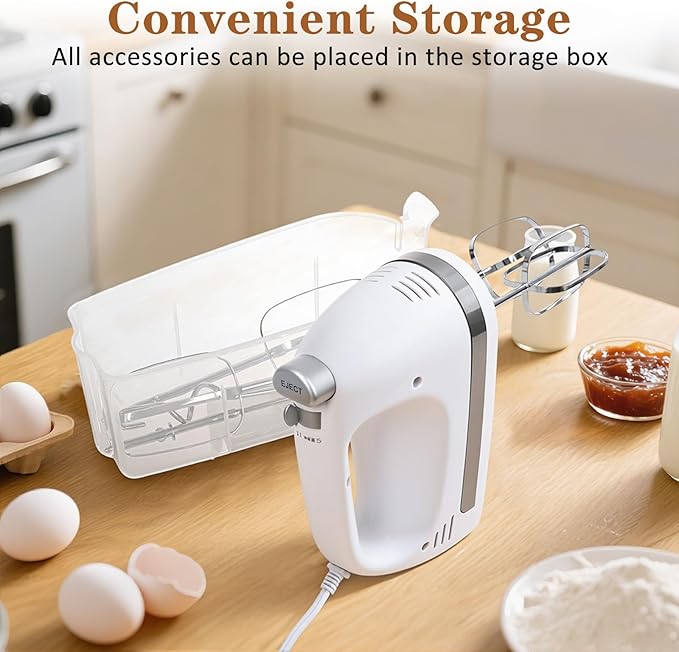 450W Electric Hand Mixer, 5-Speed Handheld Mixer with Storage Case, Turbo & Eject Button, Includes 2 Beaters & 2 Dough Hooks for Baking, Cake, Egg, Cream (White)