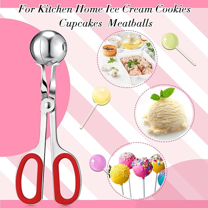 Yinkin Cake Pop Mold Sticks and Wrappers Cake Pop Kit Set Include 100 Parcel Bags 100 Papery Treat Sticks Metallic Twist Ties Scooper Ball Maker Lollipop Tools for Candy Chocolates and Cookies(Red)