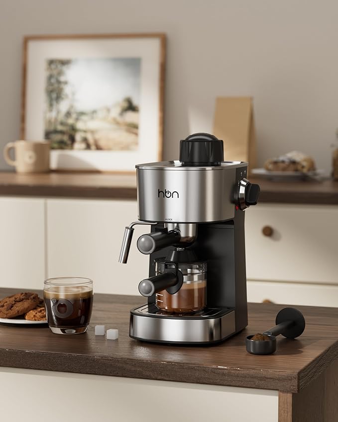 HBN Espresso Machine, 3.5Bar Cappuccino & Latte Maker, 2-4 Cup Stainless Steel Coffee Machine with Milk Frother, 800W Espresso Machine Maker with Steamer, Compact Coffee Maker for Home and Office