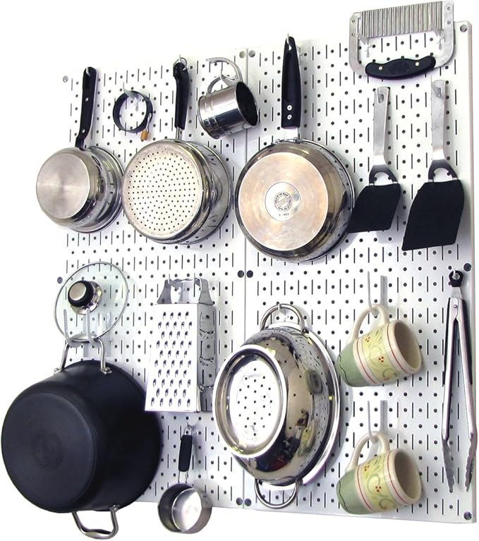 Wall Control Kitchen Pegboard Organizer Pots and Pans Storage Rack Organization Kit with White Pegboard and White Accessories
