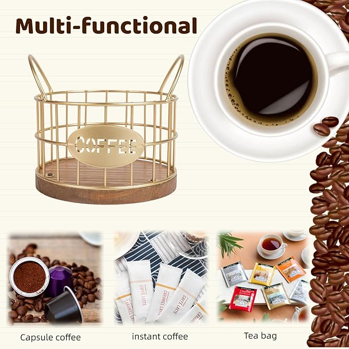 Coffee Pods Holder for Countertop, K Cup Holder Organizer, Sturdy Kcup Storage Basket with Wooden Base , Pod Container For Kitchen Bar Counter Office Desktop (Gold)