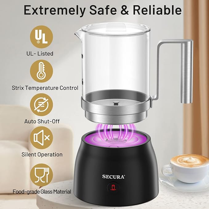 Secura 17oz 4-in-1 Electric Milk Frother and Steamer with Glass Jug, Hot/Cold Foam Maker for Latte, Cappuccino, Macchiato & Hot Chocolate, No Non-Stick Coating and Teflon-Free Design