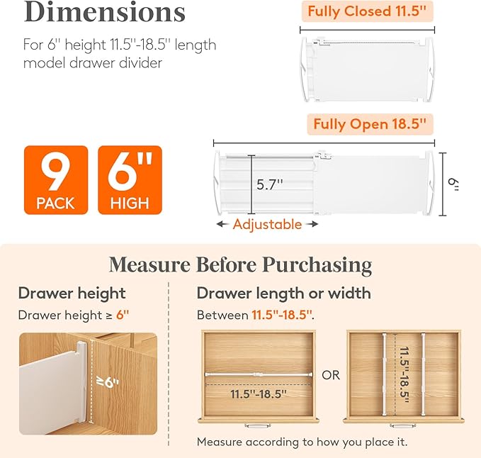 Lifewit 6" Tall 9 Pack Drawer Dividers, 30-47cm/11.5-18.5" Expandable Drawer Divider for Clothes, Adjustable Dresser Drawer Organizers, Drawers Separators for Dresser/Bathroom/Closet/Kitchen White
