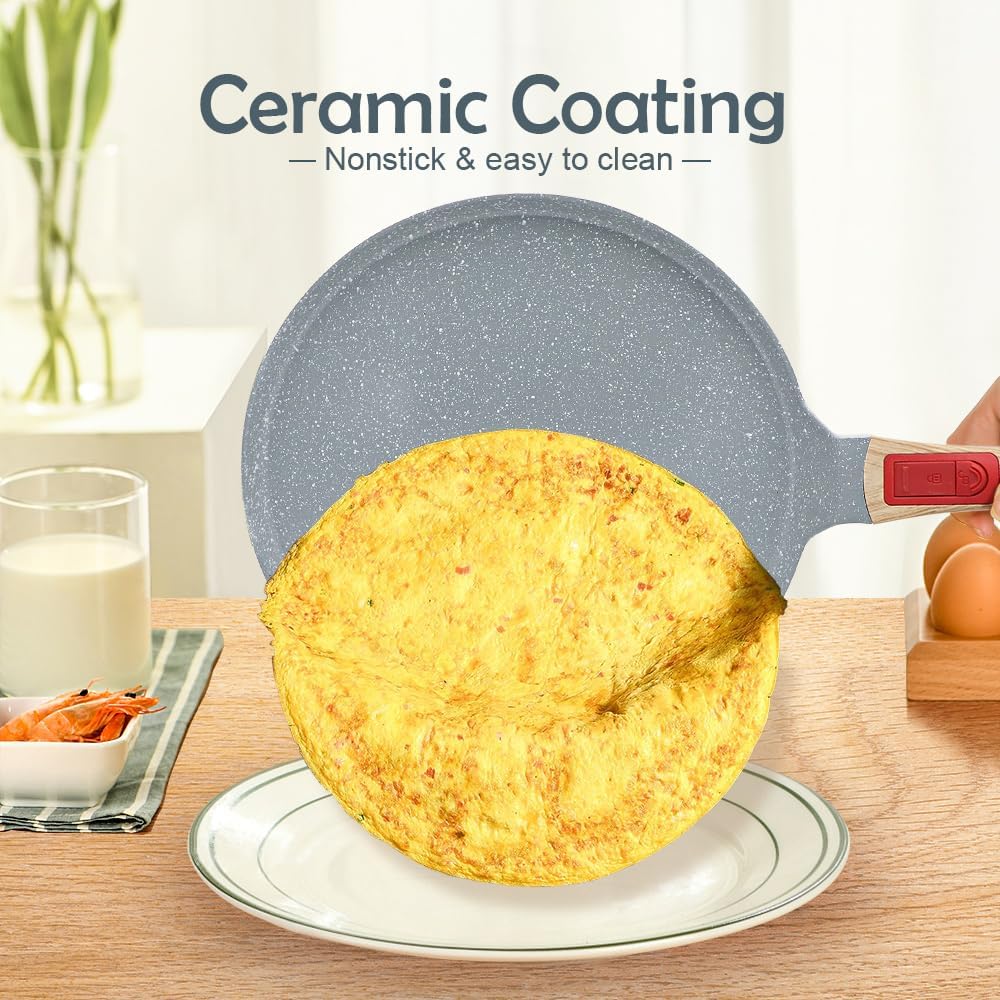 Nonstick Ceramic Crepe Pan, 8 Inch Dosa Pan Pancake Pan with Detachable Handle Round Griddle - Blue