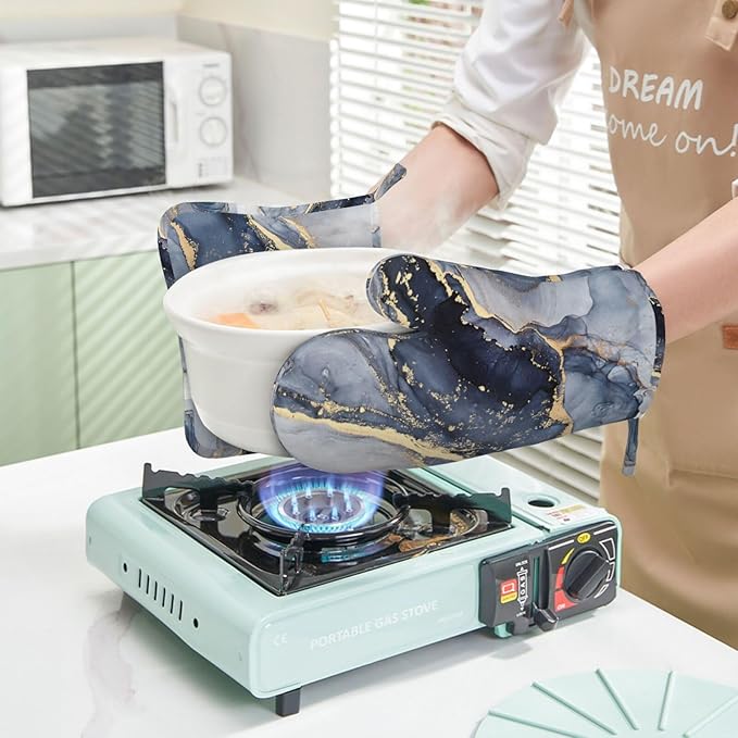 Blue Gold Marble Oven Mitts and Pot Holders Sets of 4, Heat Resistant Silicone Oven Mittens and Potholders Gloves Hot Pads for Kitchen Cooking Baking Grilling BBQ Chef