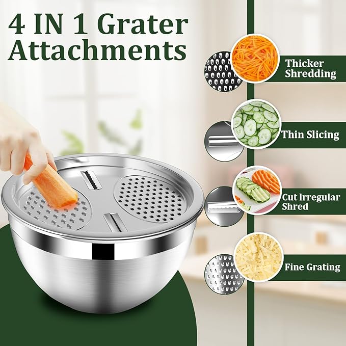 Mixing Bowls with Lids Set, 16PCS Stainless Steel Mixing Bowls,Nesting Storage Bowls for Kitchen with Mixing Bowls Set, Colander, Strainer & Grater , Metal Salad Bowl for Kitchen Gadgets , Cream
