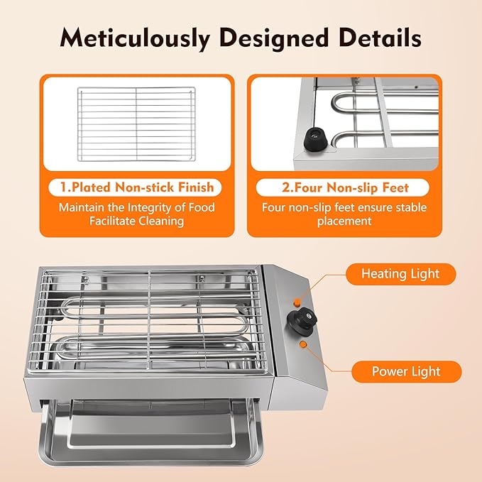 1800W Countertop Electric BBQ Grill Commercial and Home use Stainless Steel Barbecue Griddle Smokeless Portable Cooking Oven for Indoor Outdoor Picnic 122° F to 572°F for Burgers, Fish, Steak