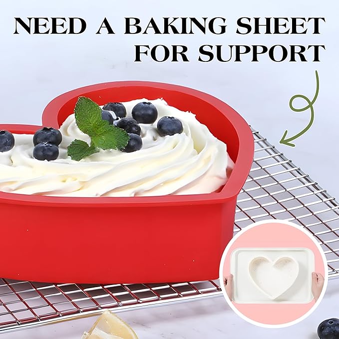 Silicone Heart Shaped Cake Pans 10 Inch Heart Cake Pan Set Nonstick Silicone Heart Molds for Baking (2 Pcs, Red)