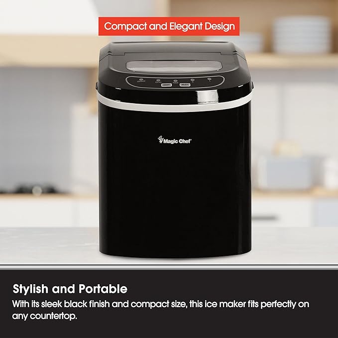 Magic Chef 27-Lb. Portable Ice Maker in Black, Tabletop Ice Maker for Kitchen, Apartment, Dorm, and Basement with Viewing Window, 2 Ice Cube Sizes, and Ice & Water Level Indicator Lights