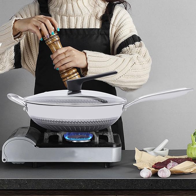 12in Woks & Stir Fry Pans Wok Pan with Lid, No Chemical Coated Chinese Woks for Electric, Induction,Gas Stoves