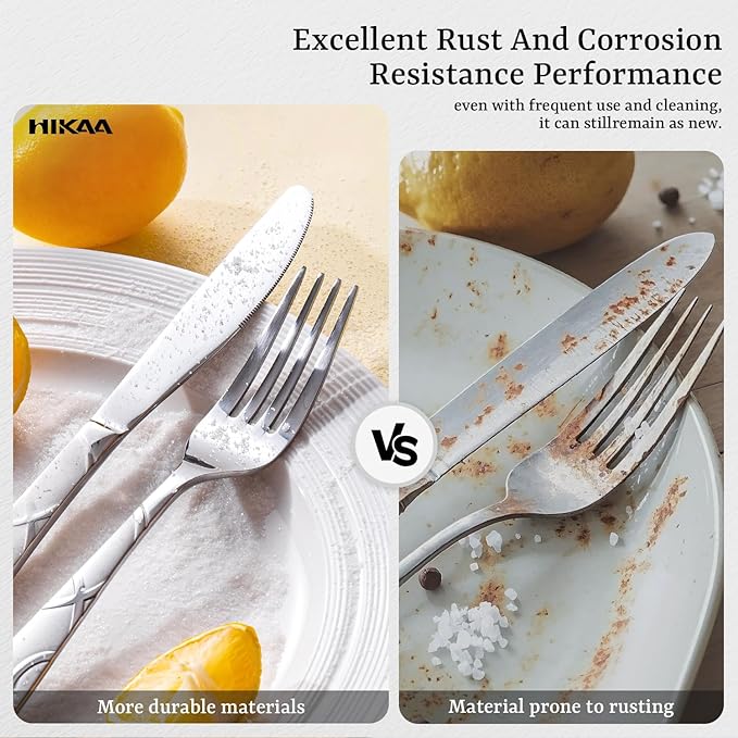 HIKAA 24PCS Stainless Steel Silverware Set with Steak Knives, Modern Flatware Set for Kitchen, Mirror Polished Cutlery Set with Forks, Spoons and Knives，Dishwasher Safe