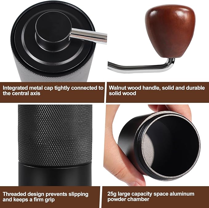 Manual Coffee Grinder Gift Box Non-Detachable Stainless Steel Conical Burr Aluminum Coffee Bean Grinder with 25 Grinding Settings Cleaning Brush Grindable Espresso Moka Pot for Camping Black