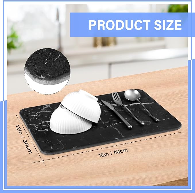 Drydiet 2 Pcs Large Dish Drying Coffee Mat for Kitchen Counter Diatomaceous Dish Dry Mat 11.8" x 18.9" Quick Drying Dry Mats for Coffee Machine Pads(Black,Marble)