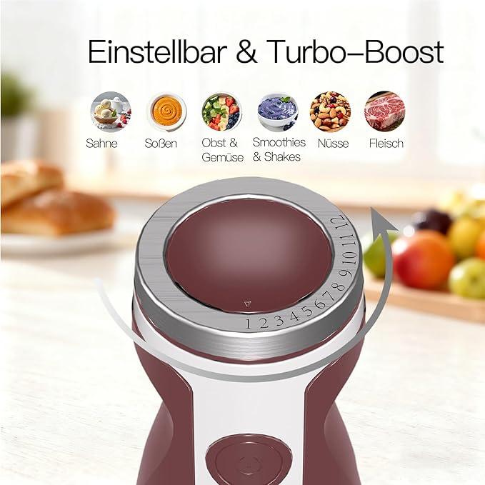 MegaWise 3-in-1 Hand Blender Set with Variable Speed Control, 400W Immersion Blender - Includes Whisk, Milk Frother, Chopper, and Beaker for Smoothies, Soups, and Baby Food (RED)