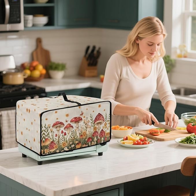 Air Fryer Toaster Oven Cover Fabric Convection Oven Cover with Pockets, Washable Small Appliance Dust Protection for Kitchen Home, S, 14.5 x 18.5 x 9 Inches, Mushroom Floral