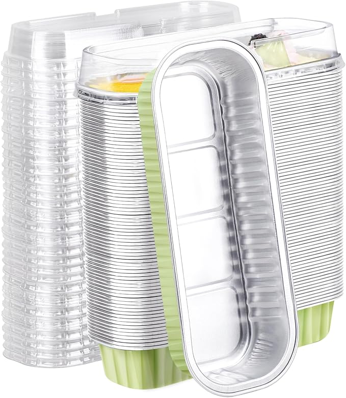 EUSOAR Foil Ramekins with Lids, 100pcs 6.8oz 6.5"x2.5"x1.2" Disposable Aluminum Baking Cups Mini Cake Pans with Lids, Rectangle Cupcake Dessert Cheesecake Creme Brulee Containers Wrappers Pan