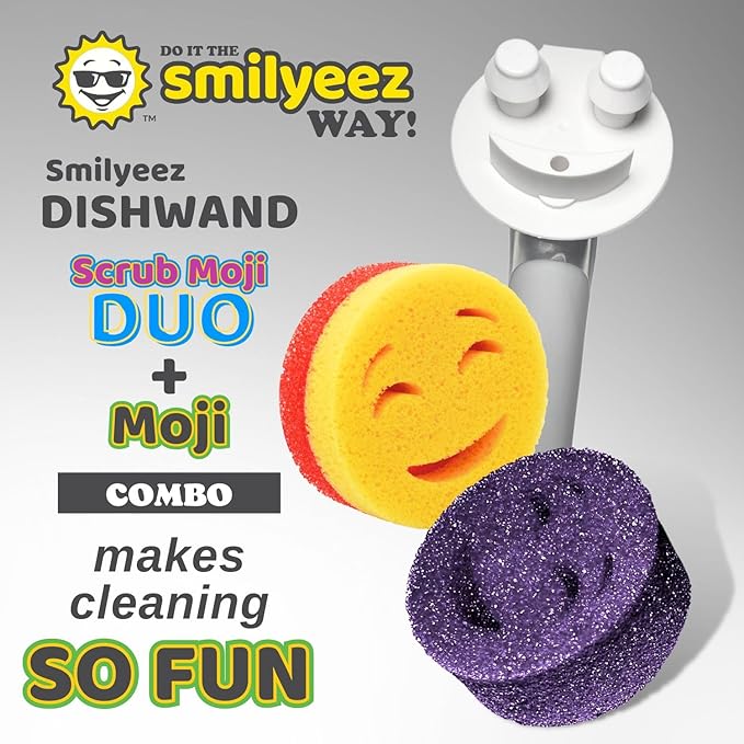 The Original Smiling Handle with Soap Dispensing for Scrub Daddy (Reg. TM) Sponge and Scrub Moji Sponge, Smile Caddy, and 2 Scrub Mojis (White/Grey Wands)