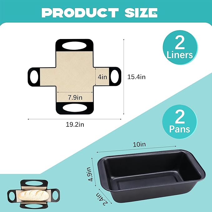 9 x 5 Loaf Pan Set with Silicone Bread Sling – 2 Bread Pans + 2 Nonstick Loaf Liners for Homemade Baking, Sourdough, Banana Bread, Sandwich Loaves – Rectangular Baking Tray for Kitchen Home Baker
