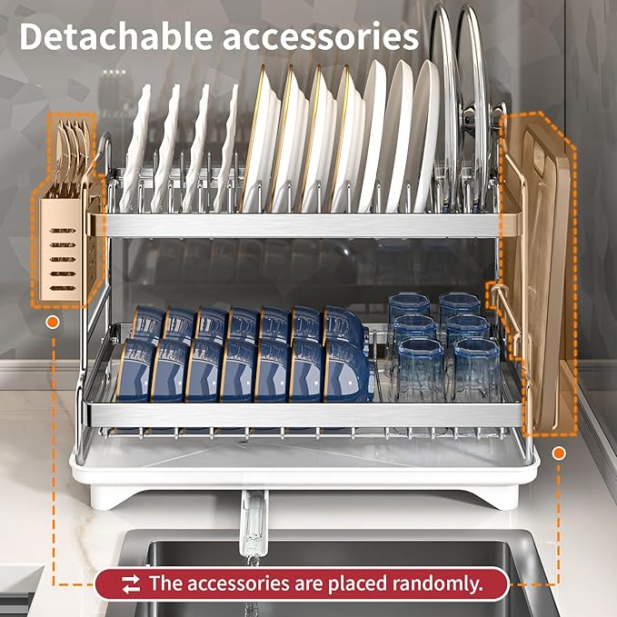 Dish Drying Rack, Double Layered countertop Kitchen Organizer with Drainage Large Bowl Rack and Storage Rack with Drainage Board, Suitable for Kitchen Bars (Silver)