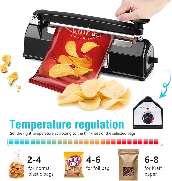METRONIC 8 inch Bag Sealer, Black Impulse Heat Sealer for Plastic Bags, Poly Bag Sealing Machine with Repair Kit. Clean, Crisp and Fast Sealing Machine