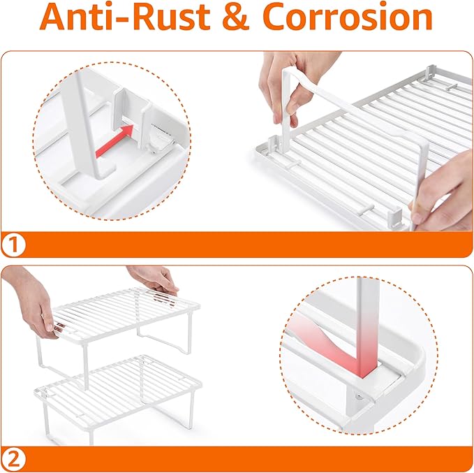 Amazon Basics Space-Saving Stackable Metal Kitchen Cabinet Organizer Shelves for Dishes, Pantry Organization, 12.5" L x 8" D x 4.5" H, Set of 2, White