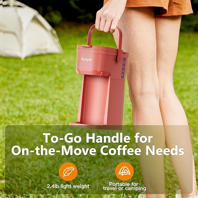 Tastyle Single Serve One Cup Coffee Maker, for K Cups and Grounds, Mini Coffee Maker with Portable Handle, 6 to 12 Oz Brew Size, for Travel, Camping, Office, RV and Dorm, 120V, Salmon Pink