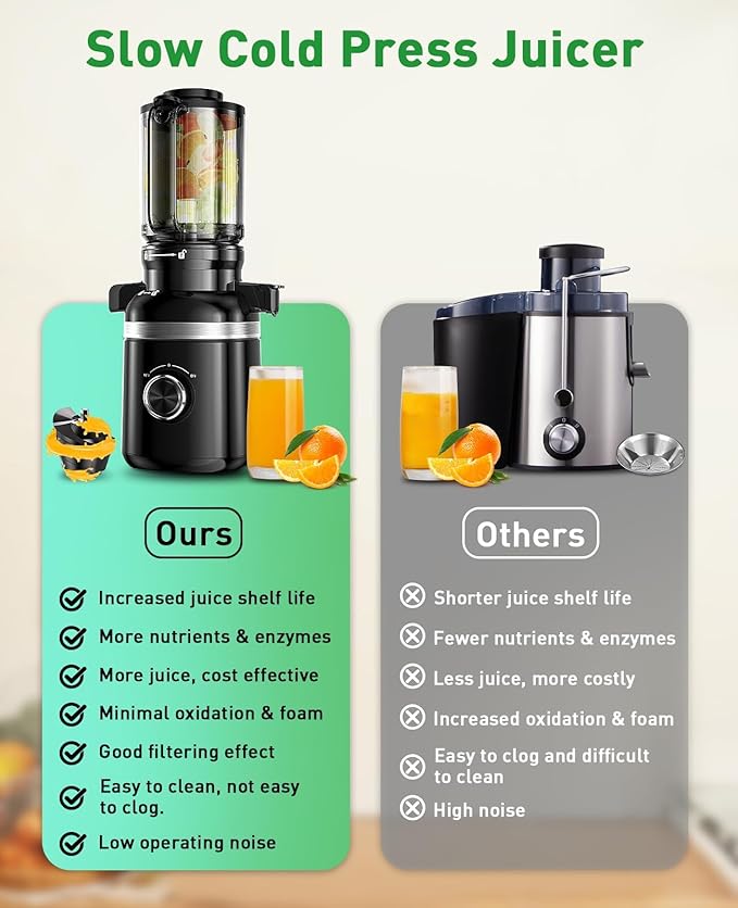 Cold Press Juicer Machines for Whole Vegetables & Fruits, Slow Masticating Juicer Maker with Wide Feed Chute, High Juice Yield, Easy to Clean, Black