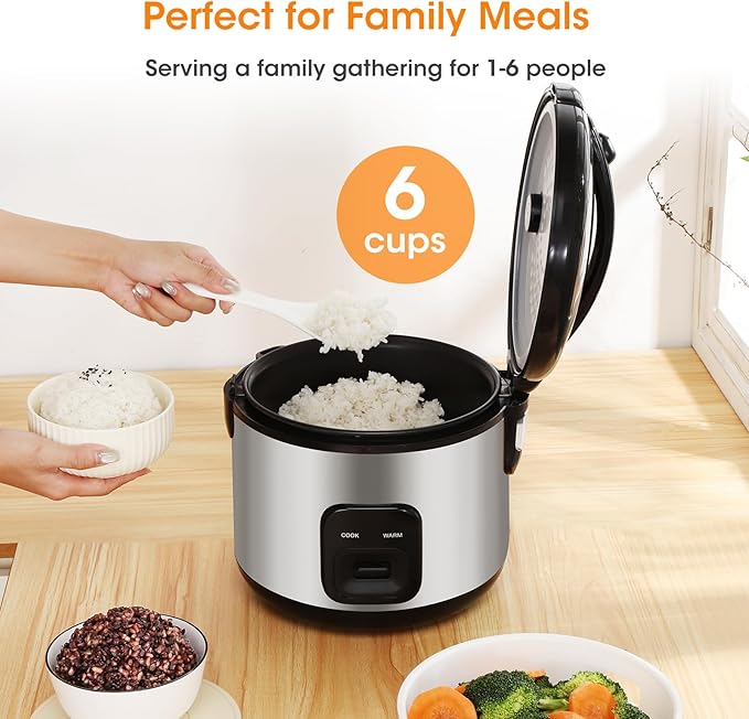 Rice Cooker & Steamer Simple 6 Cup(Uncooked)/12 Cup (Cooked)With Steaming Basket,Compact Electric Rice Cooker Non-Stick Inner Pot For Soups,Stews,Grains&Oatmeal,One Touch & Keep Warm Function
