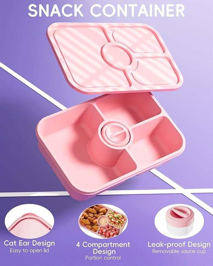 Canfanni 4 Pcs Bento Snack Box Containers, 4 Compartment Divided Stackable Food Storage Containers with Lids, Meal Prep Lunch Container with Sauce Cups
