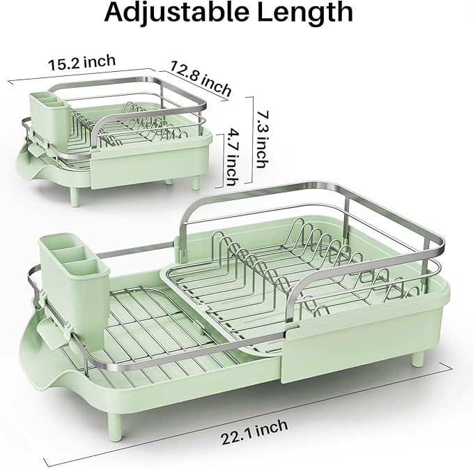 SNTD Dish Drying Rack, Expandable Dish Rack for Kitchen Counter, Stainless Steel Dish Drainer with Drainboard Set and Utensil Holder (Green)