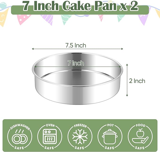E-far 7 Inch Cake Pan Set of 2, Stainless Steel Round Baking Pans Tins Mold - Non-Toxic & Leak-Proof for Birthday Wedding Layer Tiered Cake, Easy Clean & Dishwasher Safe