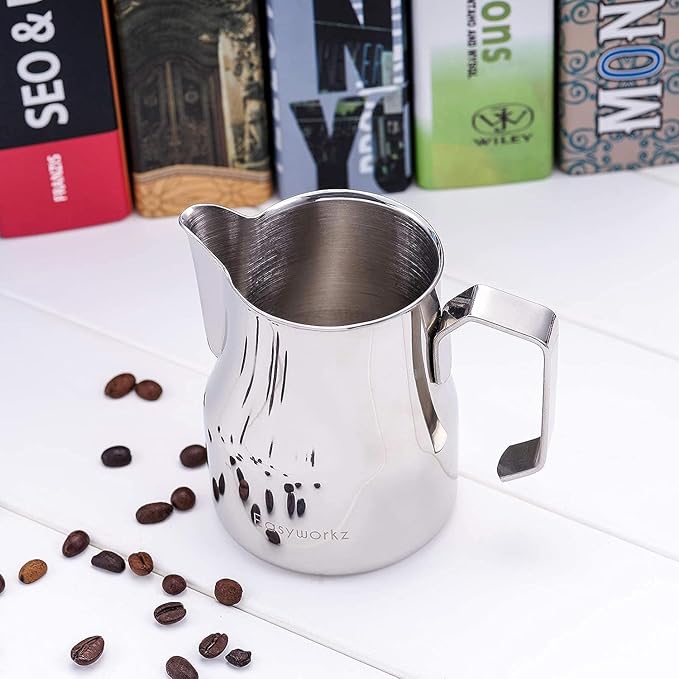 Easyworkz Espresso Steaming Pitcher Stainless Steel 15 oz Latte Art Cup, Bundled with Easyworkz Retro Stainless Steel Coffee Spoon with Black Walnut Handle,10g - Measuring Spoon (Rose Gold)