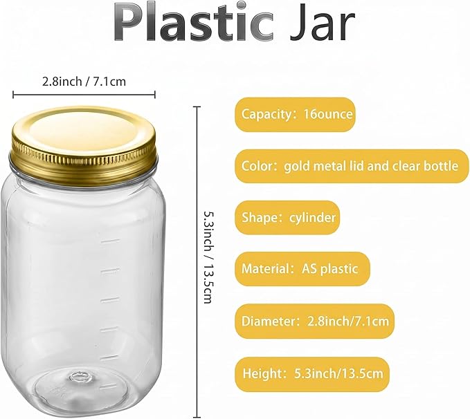 novelinks 16 oz Clear Plastic Jars with Lids, Refillable 16oz Mason Jars with Lids & Storage Containers for Kitchen & Household Use (24 Pack,Gold)
