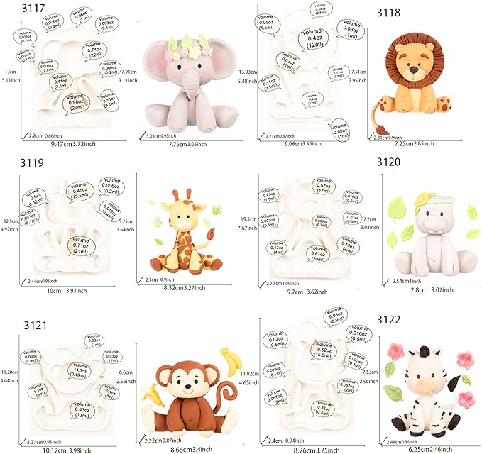 FUNSHOWCASE Jungle Animals Fondant Silicone Molds Sugarcraft Cake Decoration 6-count Height 2.6-3.6inch