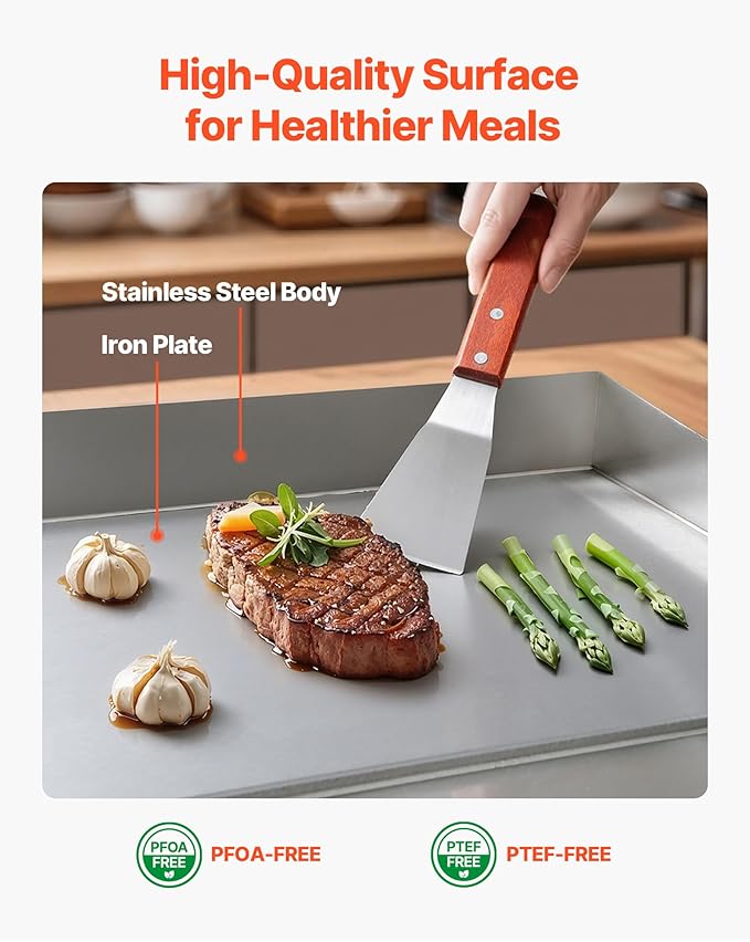 VEVOR Commercial Electric Griddle, 17.72 x 11.81 inch, 1750W, 122-570°F Adjustable Temp Control, Stainless Steel Countertop Flat Top Grill with 2 Spatulas, 2 Brushes, and 4 Foot Pads, for Steak