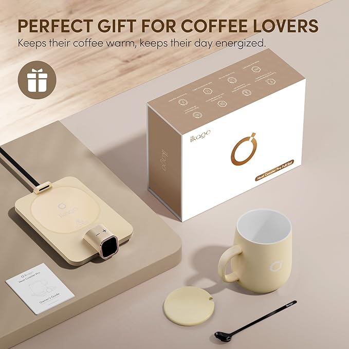 Coffee Mug Warmer & iKago Mug Set, Temperature Control Smart Heated Mug for Desk, Electric Coffee Warmer with Auto Shut Off & Real-Time Temp Display, Gifts for Men Women, 15oz Ceramic Mug