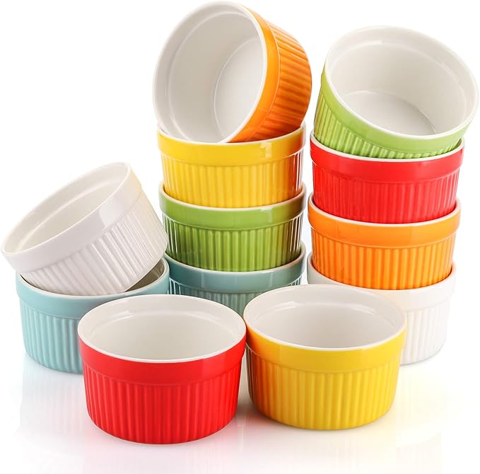Foraineam 12 Pack 6 oz Ramekins Bakeware 6 Colors Porcelain Souffle Dishes Dessert Custard Baking Cups for Souffle, Creme Brulee and Ice Cream